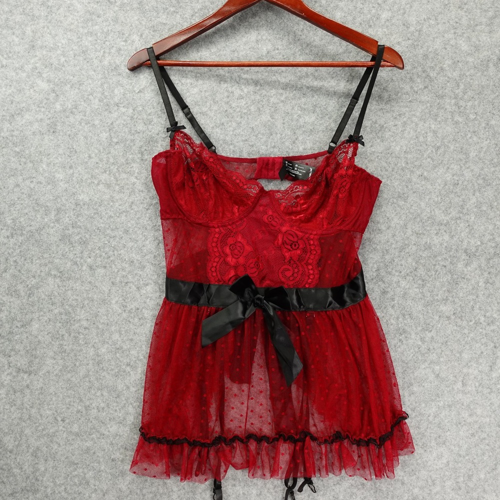 Babydoll Chemise Lingerie Womens LARGE Red Coquette Bow Sheer Mesh Garter Sexy